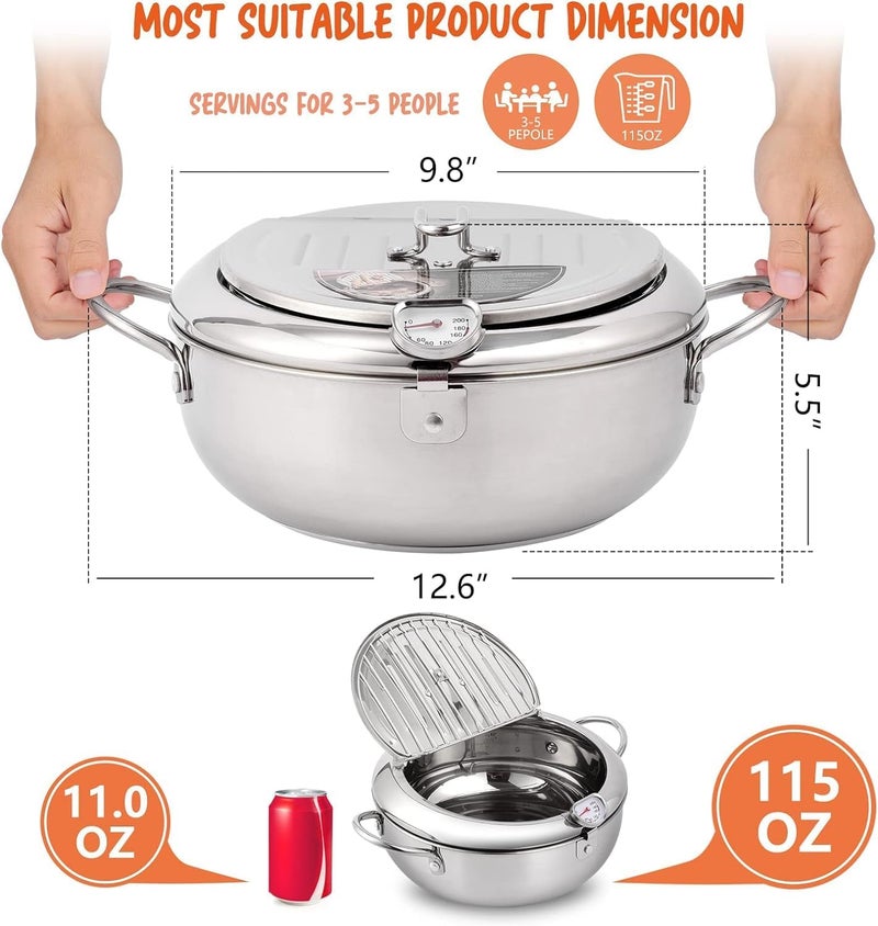 Oxydrily Deep Fryer Pot, Japanese Tempura Deep Fryer Stainless Steel Frying Pot With Thermometer - Image 5